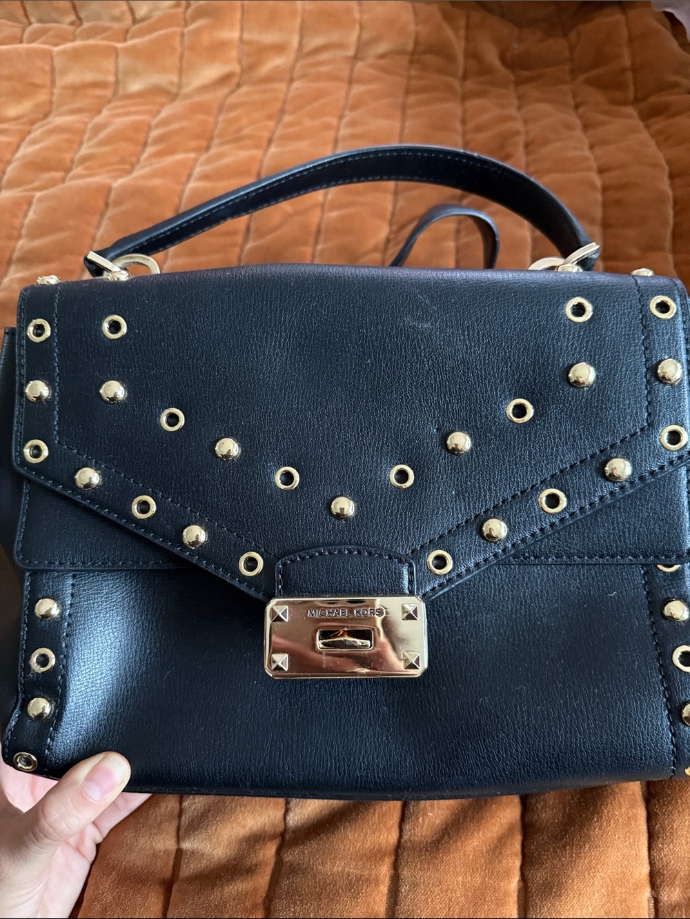 Michael Kors Black Leather Studded Satchel with Gold Hardware